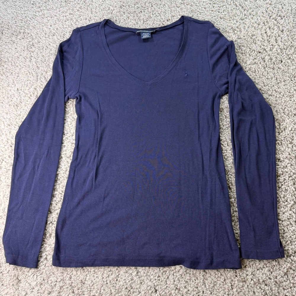 Ralph Lauren Sport Womens XL NavyBlue Pima Cotton Lyocell V-Neck Long Sleeve Tee